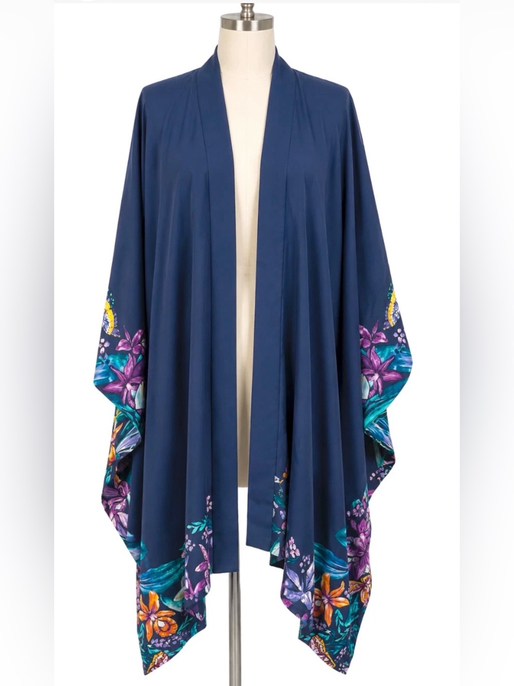 NEW SOMA NAVY BLUE EXOTIC FLORAL BORDER CHIFFON CHALLIS WRAP KIMONO TOP ONE SIZE